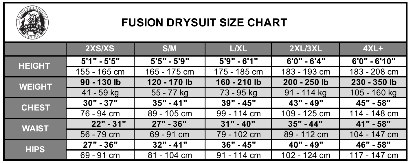 Size Chart for Whites Fusion Sport Drysuit
