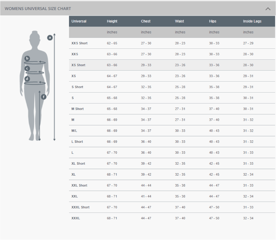 Size Chart for Women's Xerotherm Baselayer Leggings