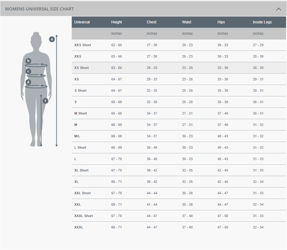 Female Size Chart for J2 Women's Baselayer Top (Closeout)