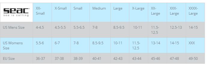 Size Chart for Pro HD 6mm Hard Sole Boot