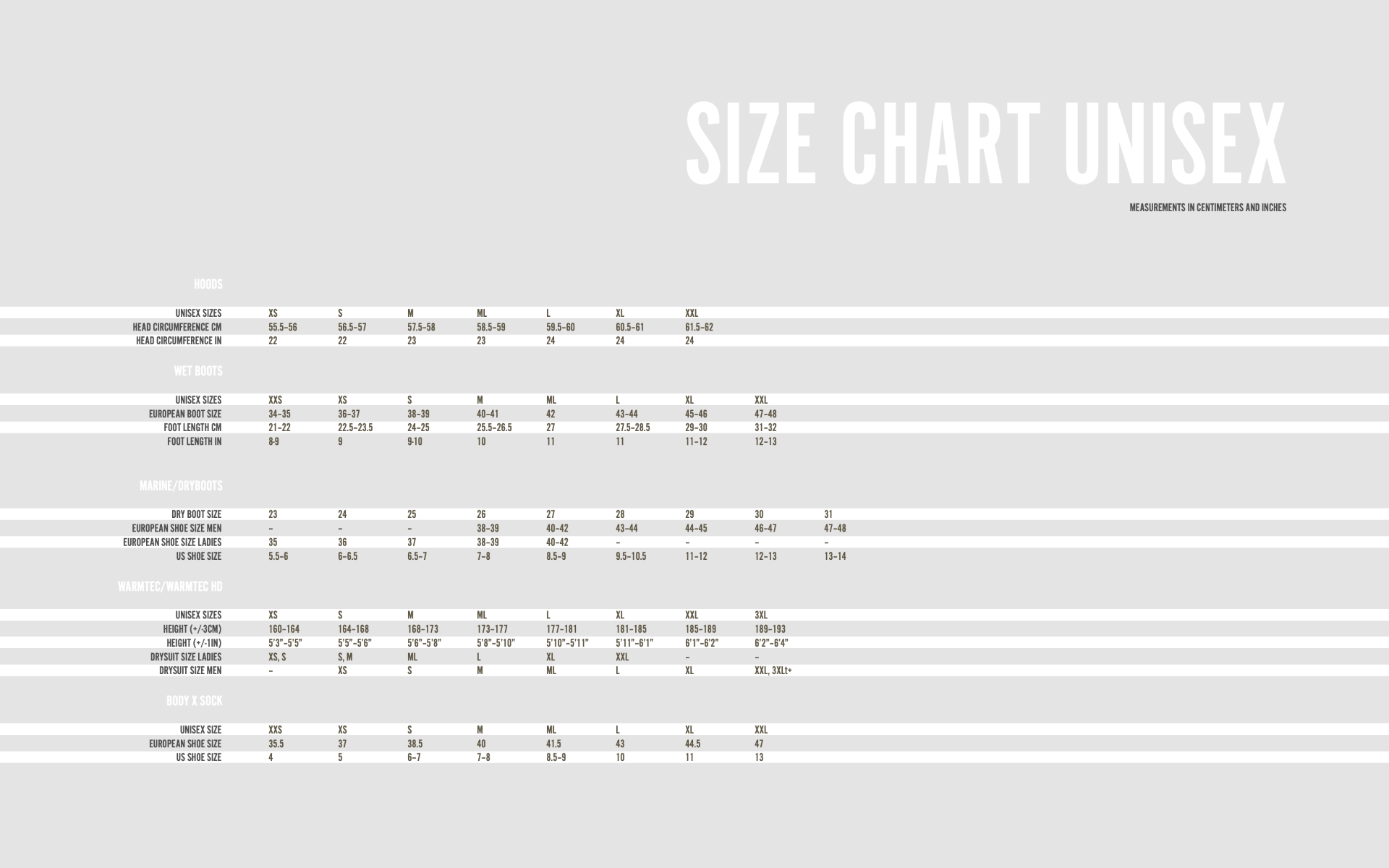 Size Chart for H2 3/5 Hood with Bib
