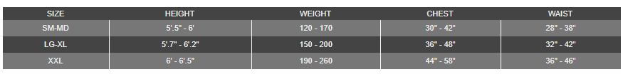 Size Chart for SMS75