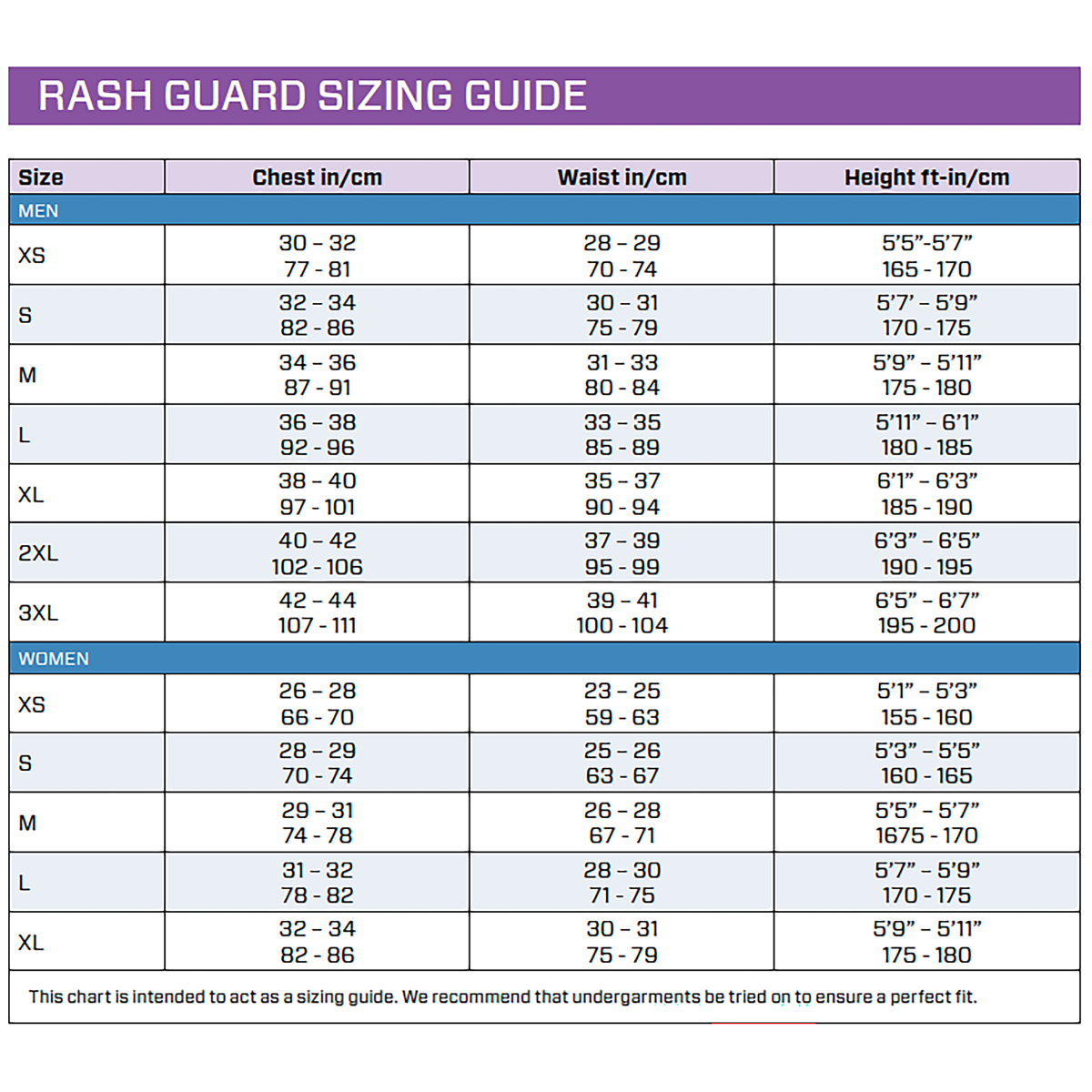 Female Size Chart for Women's UPF 50 Steamer