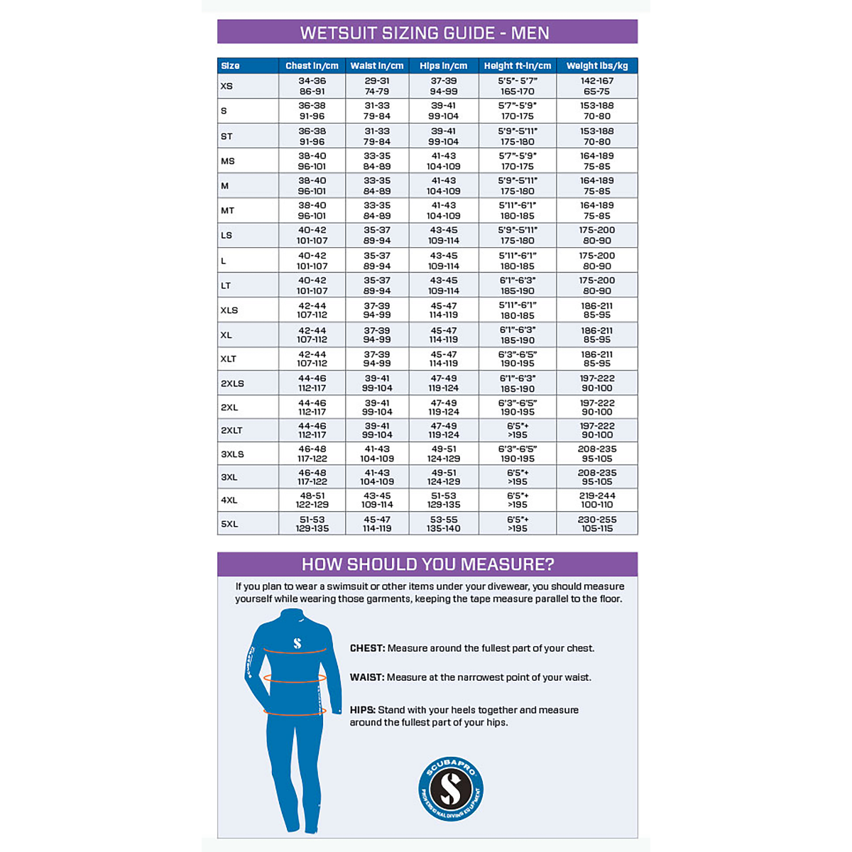 Size Chart for Everflex YULEX® Dive Steamer - Men's - 3/2mm
