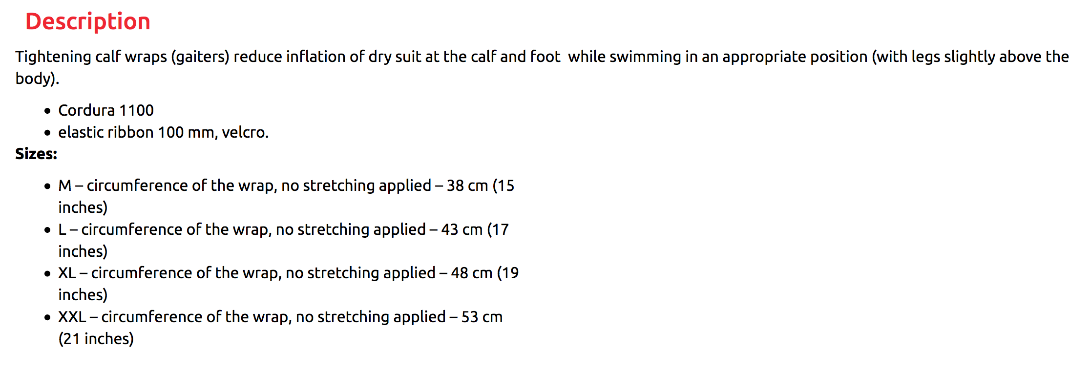 Size Chart for Gaiter Wraps 