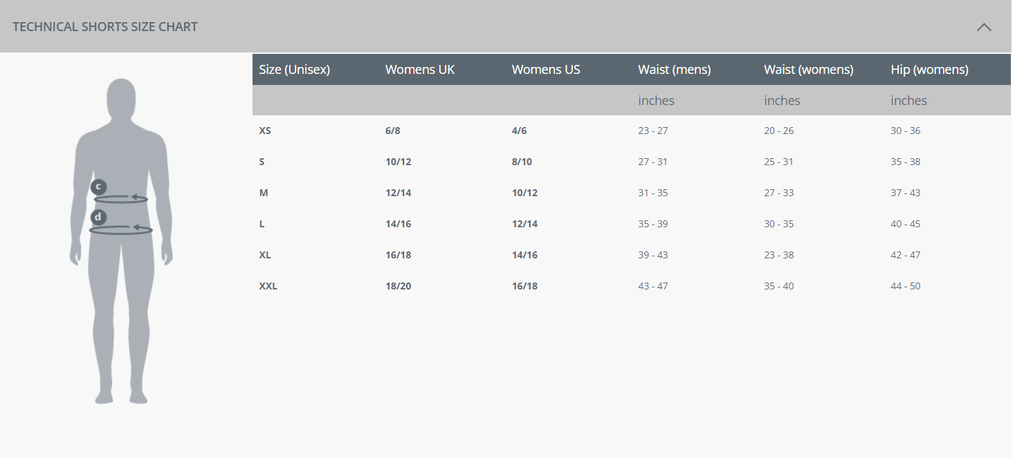 Size Chart for Technical Shorts 