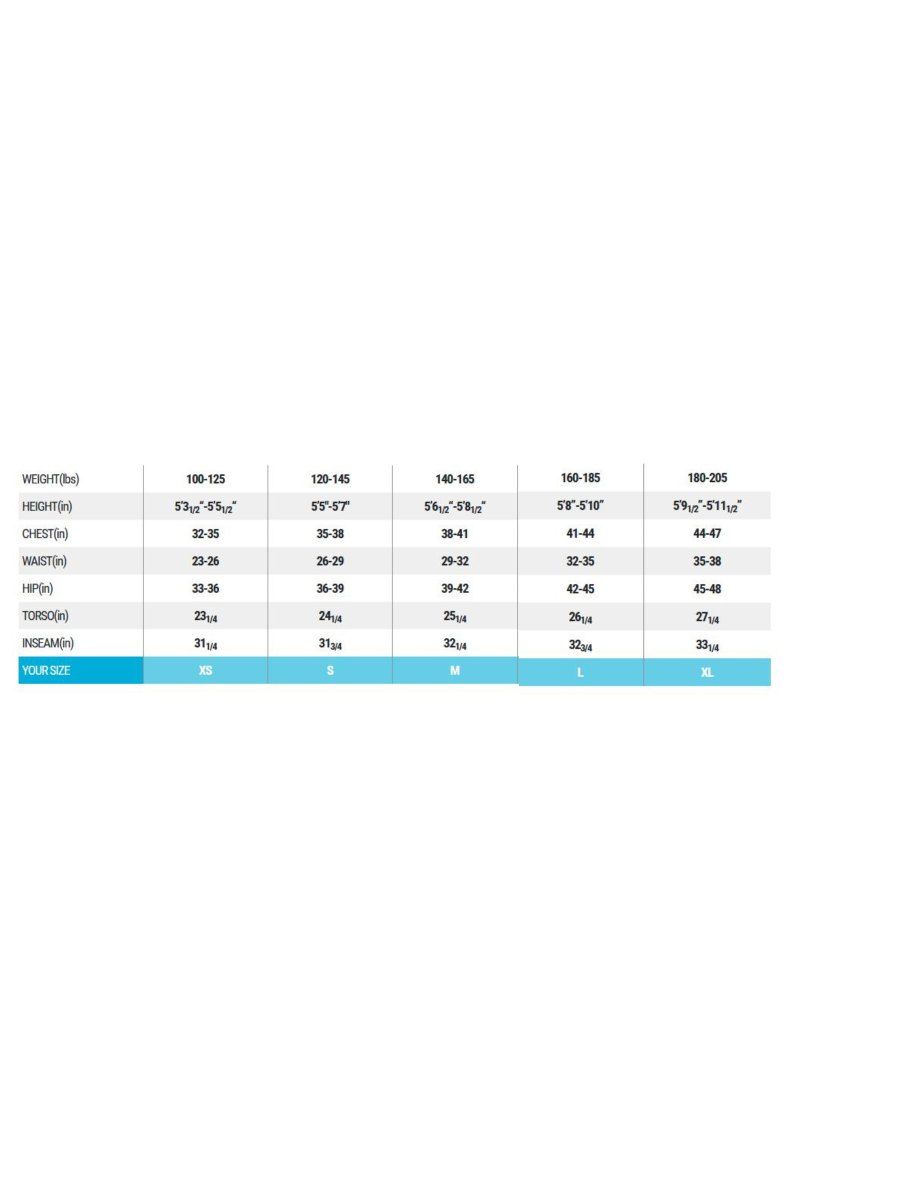 Female Size Chart for DRIS Trilam Drysuit Special 