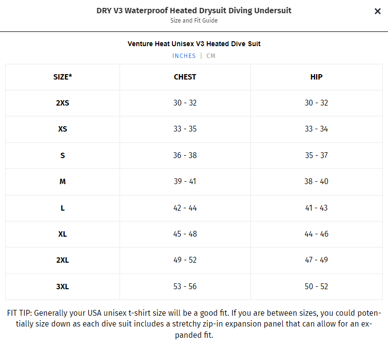 Size Chart for Dry V3 Heated Vest for Drysuits
