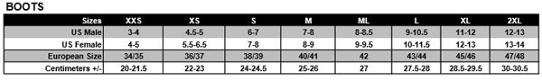 Size Chart for B1 6.5mm Semi Dry Boot - Discontinued