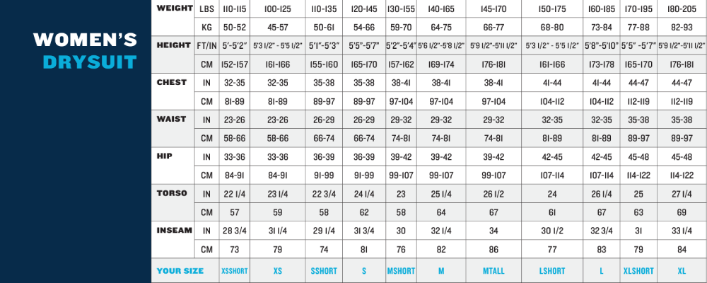 Female Size Chart for Bare Women's Trilam Tech Dry