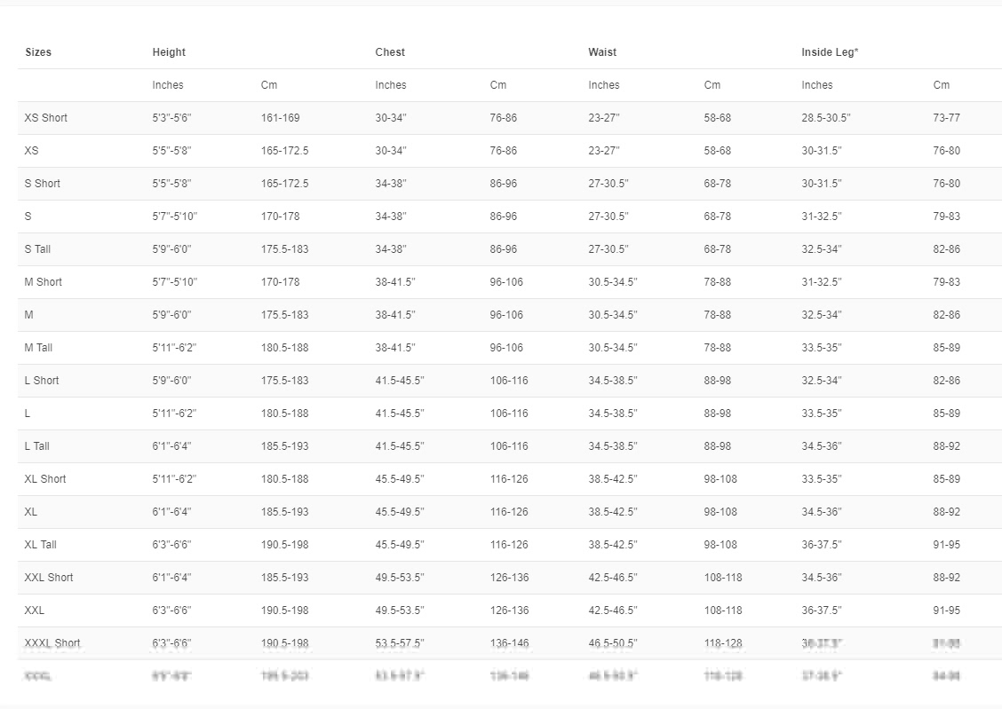 Size Chart for X-Core Thermal Vest 