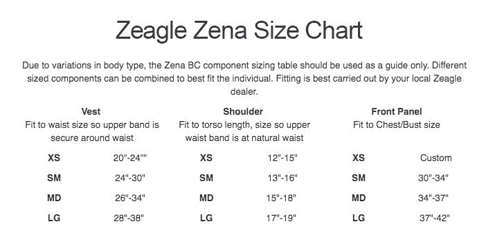 Size Chart for Custom Zena BCD